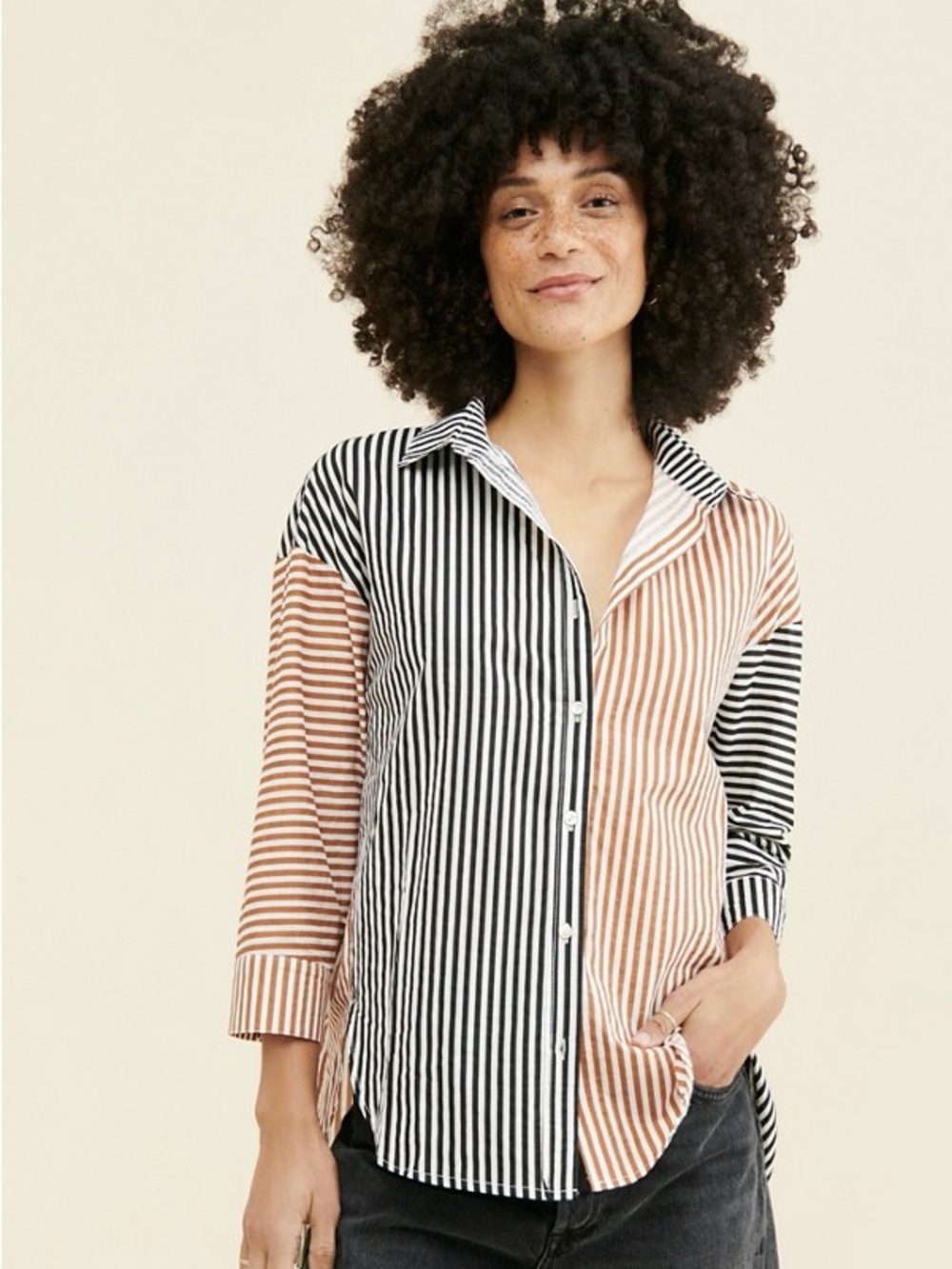 ANTHROPOLOGIE M Little Lies Contrast Stripe Buttondown Shirt • Black Tan Stripes